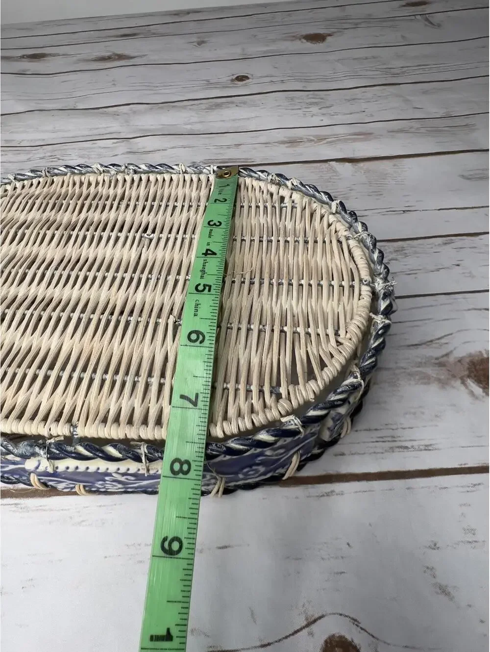 VTG‎ Oval Wicker Tray w/Ceramic Tiles Rustic Mediterranean w/Blue Floral Motif